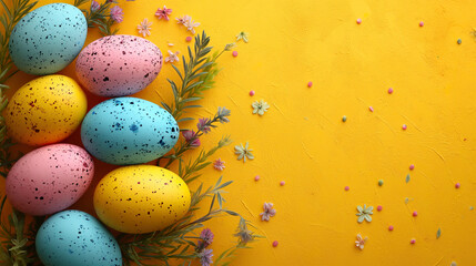 Eggs on Yellow Surface, Group of Fresh, Uncooked Eggs in a Vivid Color Setting. Generative AI.