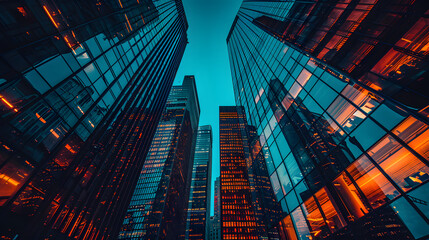 Looking up skyscrapers building, Upward view from bellow, illuminated windows. copy space, mockup. background, wallpaper, business presentation.