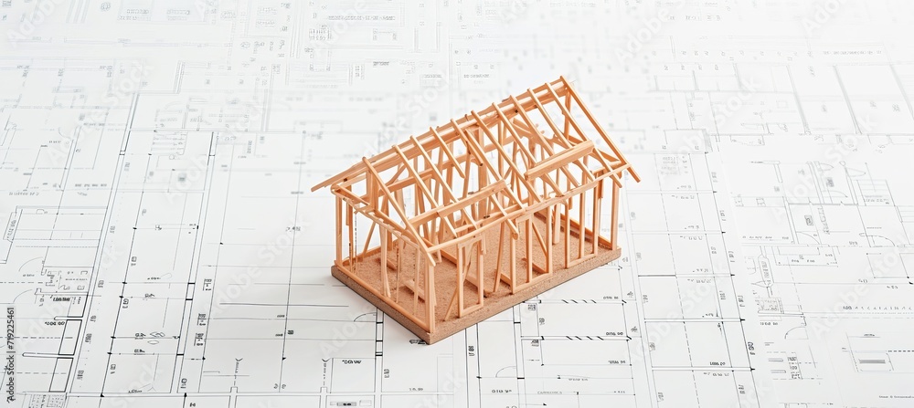 Poster under construction wooden frame house model on blueprints with copy space for text placement