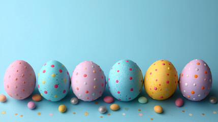 Fototapeta premium Row of Painted Eggs on Blue Surface. Generative AI.