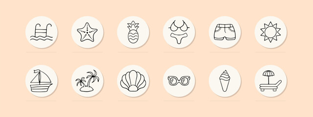 Summer set line icon. Vacation, pineapple, swimsuit, sunglasses, sand, resort, tan, cream, cocktail, watermelon. Pastel color background. Vector line icon for business and advertising