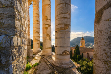 View from inside the columns at the top of the ancient Roman Trophy of Augustus monument of the...