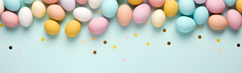 Flat lay of colored Easter eggs. Plain pastel background.