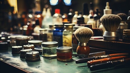 Detailed close up of vibrant barber s tools and workspace with bright, warm lighting.