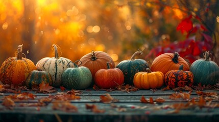 Colorful pumpkins lined up against an autumnal woodland backdrop - obrazy, fototapety, plakaty