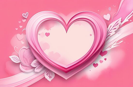 Computer image of a large pink heart in the quilling style, pink pastel background, decorative light elements - signs and ribbons around, banner