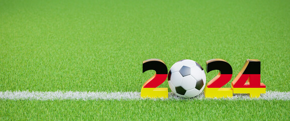 Soccer events in Germany in 2024 concept. A Soccerball within the digits 2_24  colored with the German flag colors on a green grass surface with a chalk line. Web banner format - obrazy, fototapety, plakaty