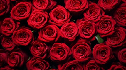 Background, texture of roses. The view from above is full of fresh red roses.