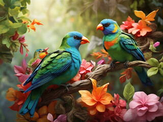 beautiful bird on tree branch and flower background