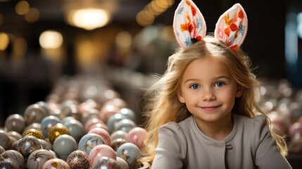 young girl wearing bunny ears and easter eggs at the table.