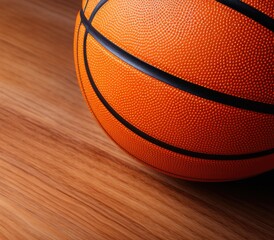 Textured Orange Basketball on Wooden Court Floor. Play Sports Game. Generative AI