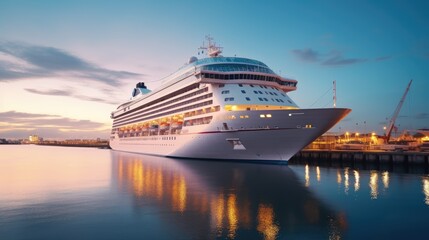 A modern, white cruise ship near the pier at sunset, side view. Travel and vacation