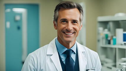 Obraz premium AI generated. Illustration. Portrait of 45-50 year old doctor in medical clinic. Doctor in white coat and tie looks at camera and smiles. Photo of experienced and positive doctor.