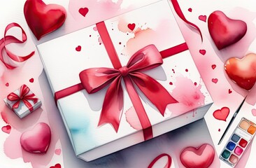 Drawing of a multi-colored gift box with a red ribbon and a bow, surprise packaging, decorative hearts, ribbons and boxes with paints around, blurred watercolor background, top view, banner