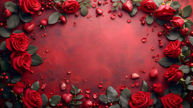 Flat lay composition made of red rose petals and leaves isolated on red background, Backdrop with copy space on center.