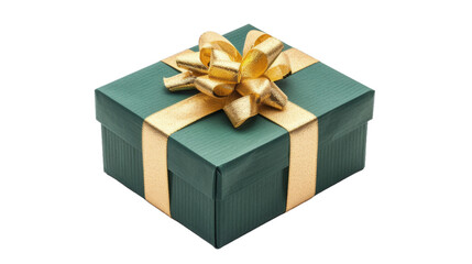 Green gift box with golden ribbon isolated on transparent background