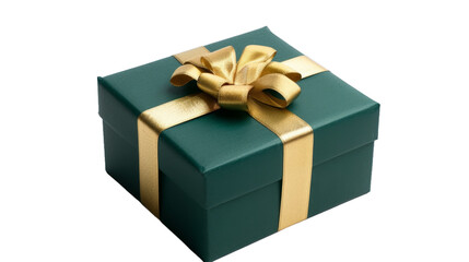 Obraz premium Green gift box with golden ribbon isolated on transparent background