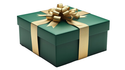Green gift box with golden ribbon isolated on transparent background