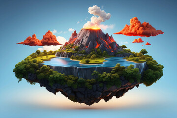 3d floating island with volcano - obrazy, fototapety, plakaty