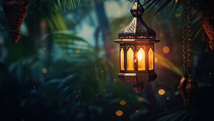 Fototapeta na wymiar Ramadan Lantern Islamic Ornament Blurry Bokeh Background