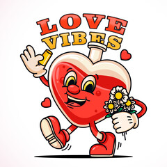 Fototapeta premium Cute cartoon character of a bottle of love potion walking with flowers. Suitable for logos, mascots, t-shirts, stickers and posters