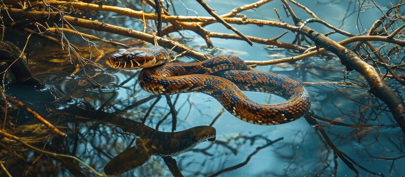 A mesmerizing view of a nonvenomous brown water snake elegantly coiled on a cluster of branches, suspended above the serene waters, captures the essence of nature's tranquility.