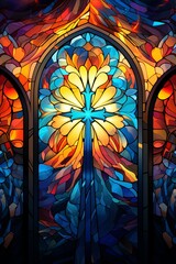 An artistic representation of a stained glass window featuring a cross.
