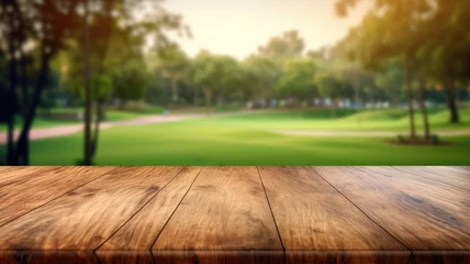 Foto op Aluminium The empty wooden brown table top with blur background of country club. Exuberant image. generative AI © Summit Art Creations