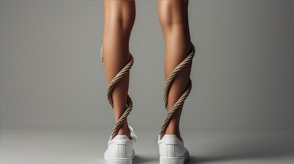 beautiful girl's legs wrapped with rope in white sneakers. The concept of leg pain, twists the legs