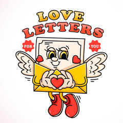 Love letters, cute cartoon character envelopes containing flying love letters. Suitable for logos, mascots, t-shirts, stickers and posters
