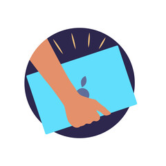 Logo hand holding laptop. Graphic element