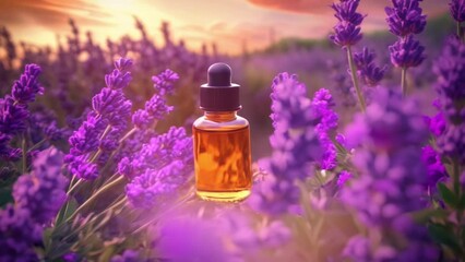 An essential oil jar is placed against the backdrop of a beautiful lavender field, highlighting the natural and calming benefits of aromatherapy.