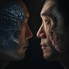 close-up portrait of two men's faces in profile opposite each other, one is ordinary, and the other has a human face and instead of a brain there is a neural network