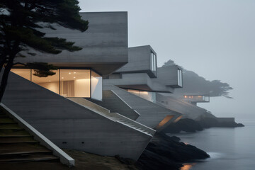 Fototapeta premium Abstract Modern Architecture: White Concrete Museum Entrance, Illuminated by Light in the Urban Landscape