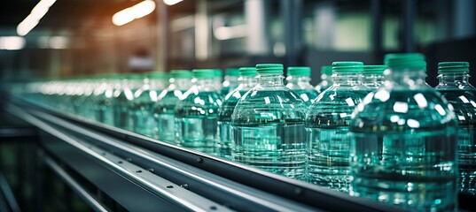 Modern beverage factory interior with water pet bottles on conveyor belt, industrial equipment
