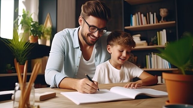 Happy father and son do homework together reading book on table in children room. helping child complete tasks. Support from parent to boy	