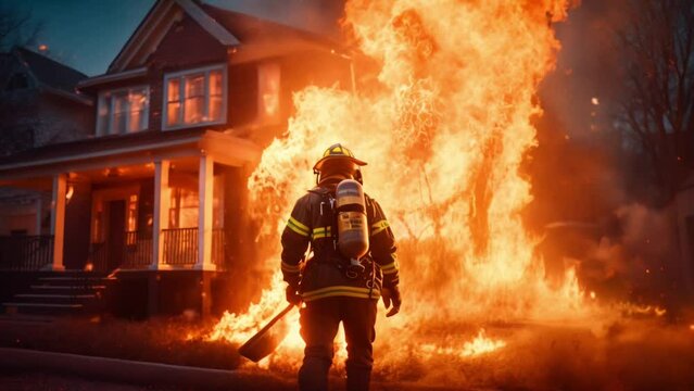 A fireman stands in front of a burning house