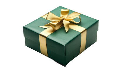 Fototapeta premium Green gift box with golden ribbon isolated on transparent background
