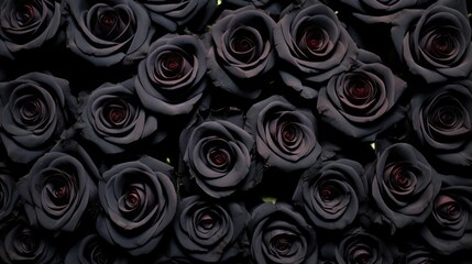 Top view Background, texture of beautiful black roses. Flowers, Wedding, Floristry, Mockup, copy space.
