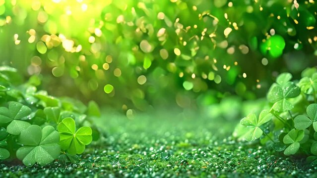 Shamrock. St. Patrick's Day green leaves background. Patrick Day backdrop with growing shamrock leaf extreme close-up. Patrick Day pub party. Four-leaf clover background sparkling lights Copy space
