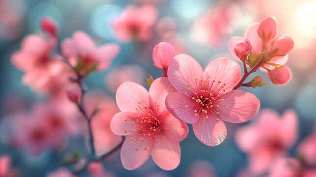 Image of spring with copy space. Blooming tree against blue background.