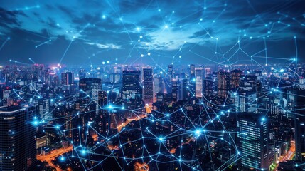 Night city background, world with digital technology network, internet and communication, advanced business and global communication technologies.