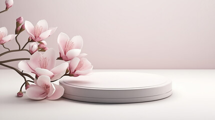 Obraz na płótnie Canvas Minimalistic white podium mockup with magnolia flowers on light background for product presentation