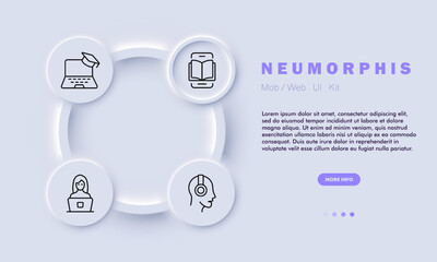 Online education set line icon. Headphones, lesson, book, development, smartphone. Neomorphism style. Vector line icon for business and advertising