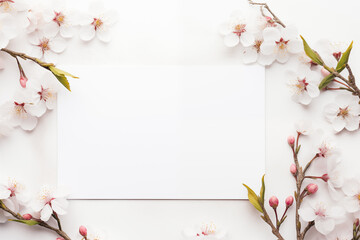 Naklejka na ściany i meble Cherry blossom background. Spring empty frame mockup. Sakura springtime template