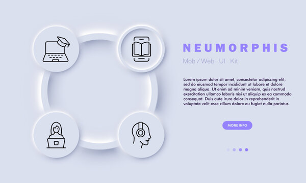 Online education set line icon. Headphones, lesson, book, development, smartphone. Neomorphism style. Vector line icon for business and advertising