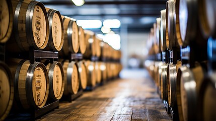 Whiskey, bourbon, and scotch barrels aging in a distillery warehouse facility - obrazy, fototapety, plakaty