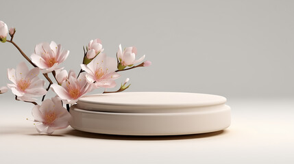 Minimalistic white podium mockup with magnolia flowers on light background for product presentation