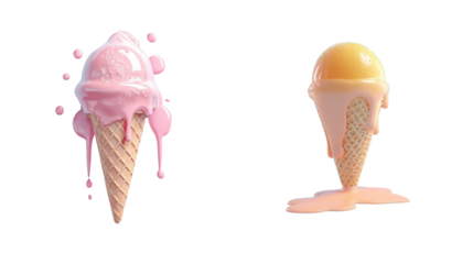 Colorful waffle cone Ice cream melting on white background. Creative idea minimal  concept. 3d render, pink and pastel color, .png isolated on white.
