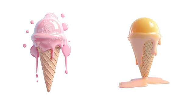 Colorful waffle cone Ice cream melting on white background. Creative idea minimal  concept. 3d render, pink and pastel color, .png isolated on white.